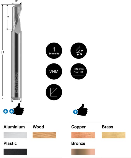 1-skärig fräs med stort spånspår för snabb spånmatning som passar för bearbetning i Aluminium, Plast, Trä, Koppar, Mässing och Brons.